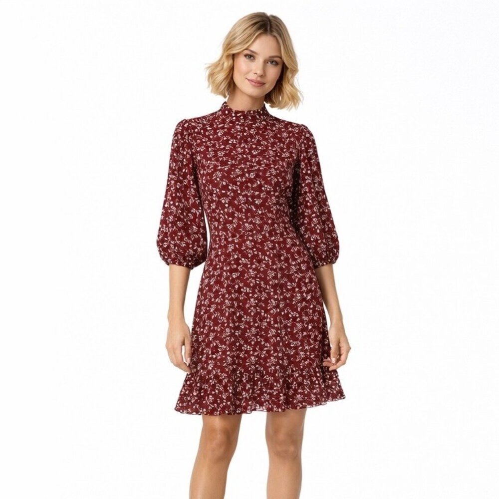 The Kooples Size Large Burgundy Allover Lumieres Dress 3/4 Sleeves Silk Blend